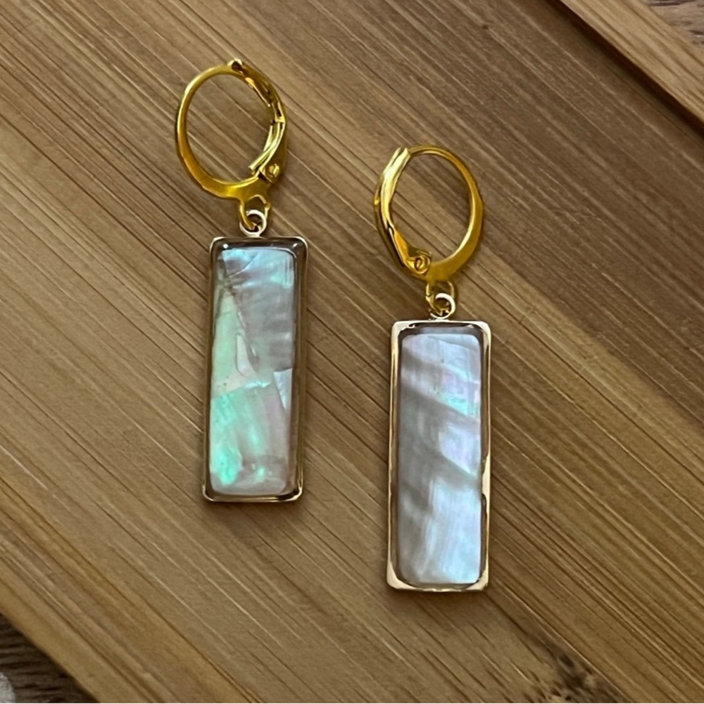 New Iridescent Mother of Pearl Rectangle Earrings With Gold Lever Back Hoops